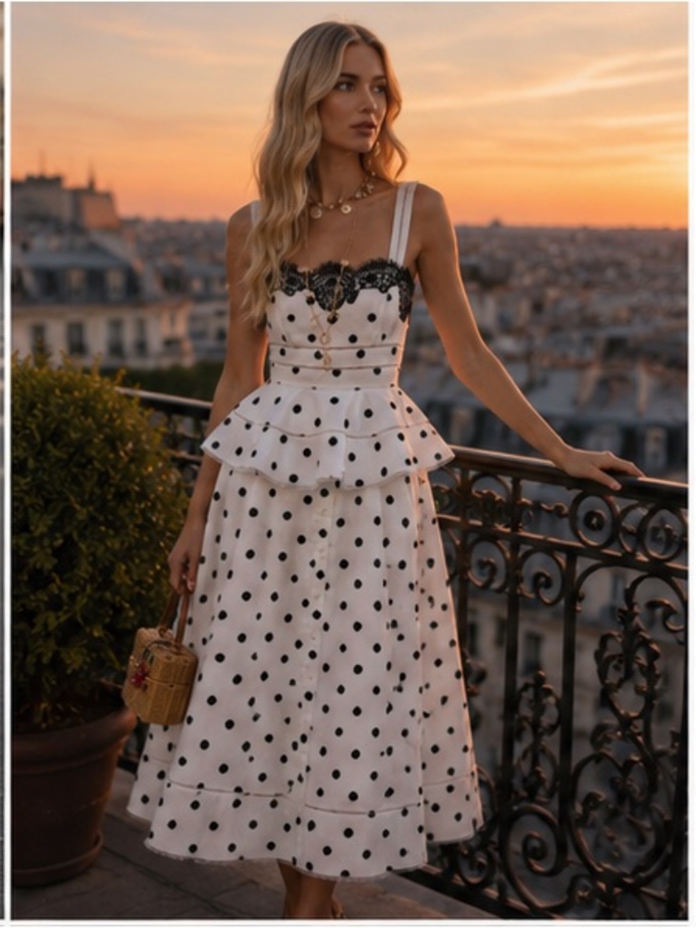 Self-Portrait White Polka Dot Midi Dress with Black Lace Trim - Picture 2 of 13